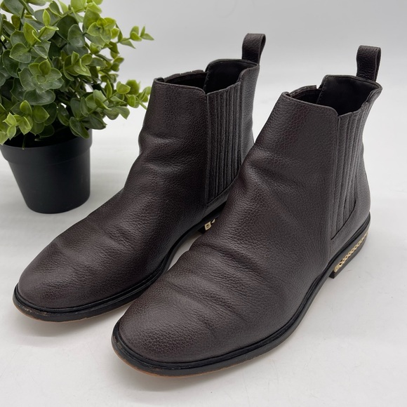 Michael Michael Kors Sabrina Gold Chain Pebbled Leather Chelsea Boot Dark Brown - Picture 3 of 11